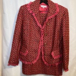 Vintage Oscar De La Renta Studio 2 Piece Skirt Suit in Pink, Green and Burgundy